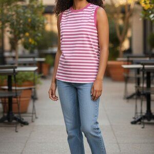 (B-54)American Weekend Women’s Sleeveless Pink White Striped Tank Top Size M Cas